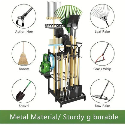 Heavy Duty Black Metal Garden Tool Organizer Rack Long-Handled Hooks Durable Outdoor Storage Stand for Shovels Brooms Tools for