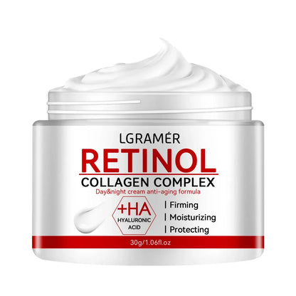 Creme facial refirmante com retinol e colagénio para suavizar as rugas, hidratar, clarear e iluminar a pele.