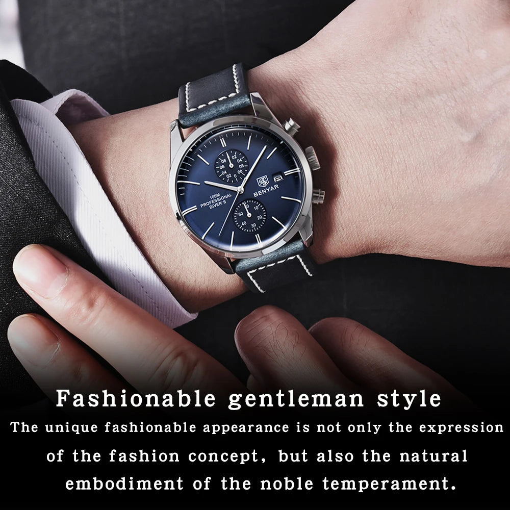 Relógio de pulso de homem BENYAR, modelo 2024, em pele, quartzo, marca de luxo, resistente à água até 100 metros, estilo militar desportivo, cronógrafo.