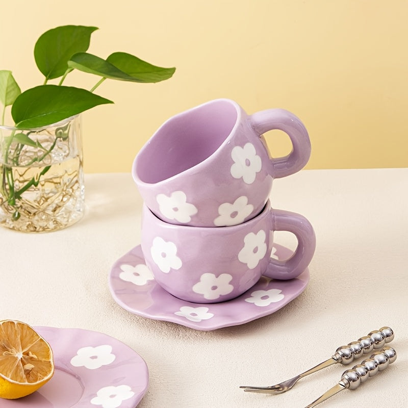 1set YumiPLUS Handmade Floral Ceramic Mug and Saucer Set, Purple Irregular Flower Design, 220ml/7.4oz, Reusable, Insulated, Machine Washable, Multipurpose Coffee Cup for Tea, Milk, Gift for Her