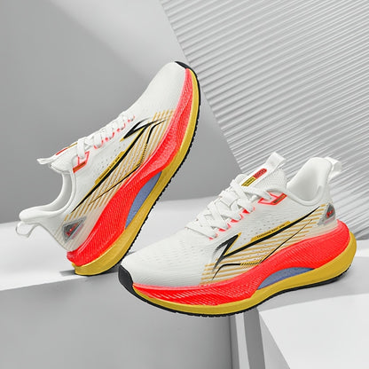 Men's All-Season Running Shoes - Breathable Knit Gym Sneakers with Cushioned MD Sole, Non-Slip Grip - Lightweight Sneakers for Marathon, Training, Everyday - White/Green/Orange Accent - Lace-Up Closure, Marathon Footwear, Geo