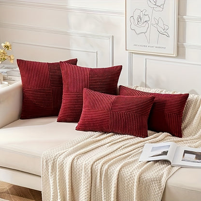 Conjunto de 4 almofadas sortidas (2 quadradas + 2 retangulares) com enchimento, superfície lisa, almofadas às riscas em bombazine resistentes ao desgaste, ideais para decorar sofás, quartos, salas e varandas.