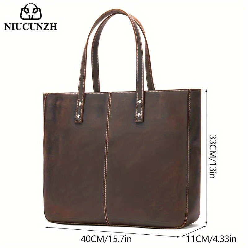 NIUCUNZH Men's Vintage Genuine Leather Tote Bag, Top Layer Cowhide, Large Capacity Shoulder Bag for Going Out, Briefcase Style Handbag, Maintenance Free