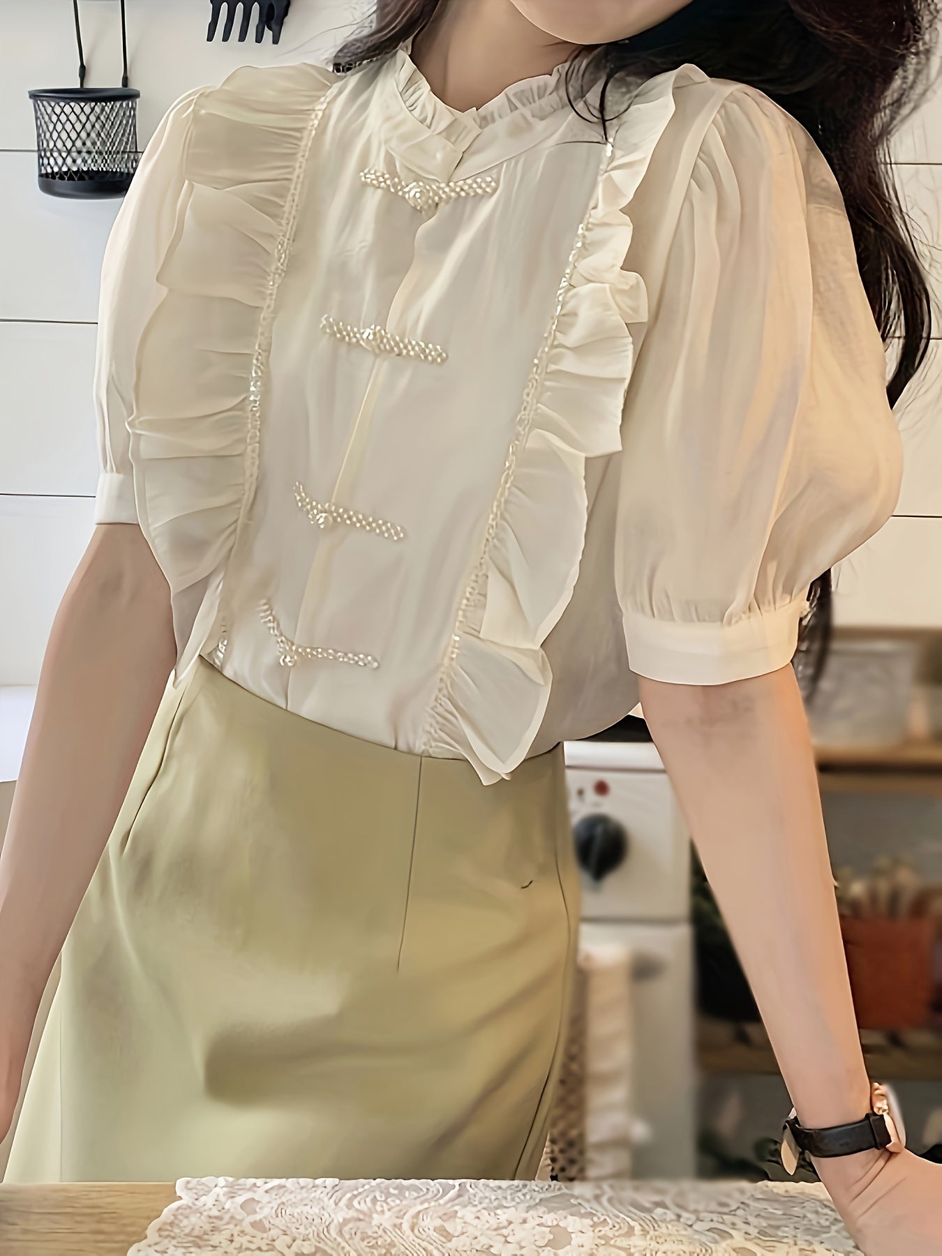 Beaded Button Front Ruffle Trim Blouse, Chic & Elegant Frill Neck Puff Sleeve Blouse For Spring & Summer, Women's Clothing
