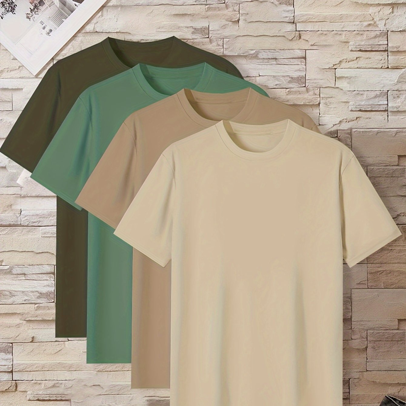 Conjunto de 4 t-shirts casuais para homem de cor sólida, estilo simples, manga curta e gola redonda, ideais para usar em casa, como pijama ou para atividades ao ar livre no verão.