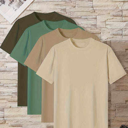 Conjunto de 4 t-shirts casuais para homem de cor sólida, estilo simples, manga curta e gola redonda, ideais para usar em casa, como pijama ou para atividades ao ar livre no verão.