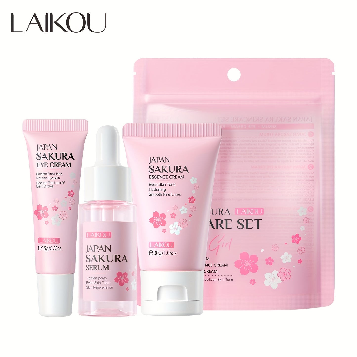 3pcs Set LAIKOU Japanese Cherry Blossom Skin Care Set 3 Piece Serum Liquid Eye Cream Face Cream Skin Care Kit Gifts