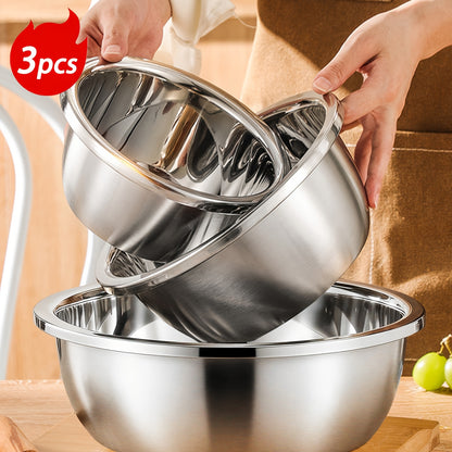 3pcs Stainless Steel Mixing Bowls, Oversized Stainless Steel Kitchen Bowls, Baking And Noodle Bowls, Mixing Salads, Washing Vegetables And Fruits, Soup Bowls, Salad Bowls, Etc. Three Sizes Suitable for a Variety of Scenarios