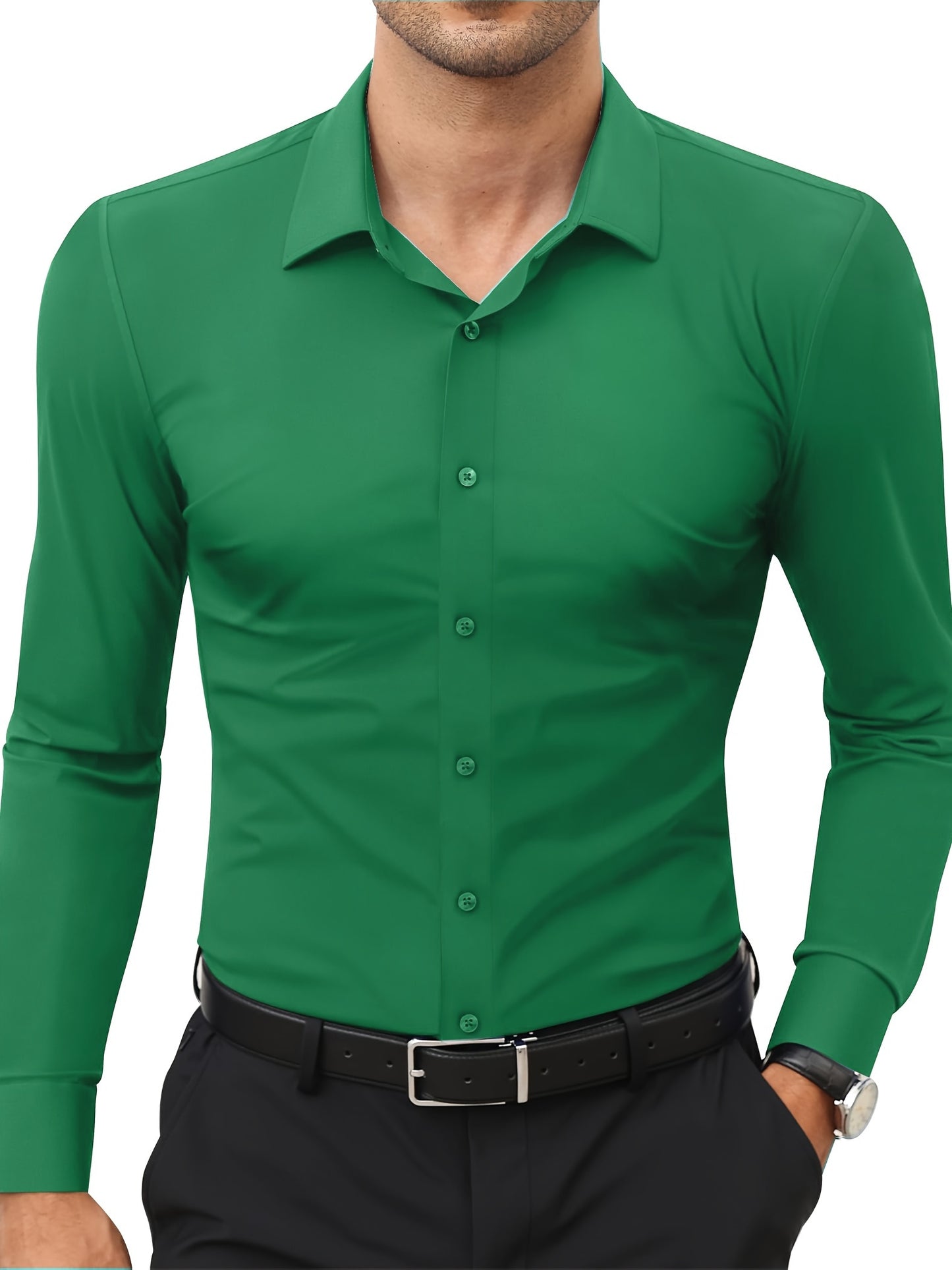 Men'S Slim Fit Long Sleeve Shirt - 55% Cotton, 40% Polyester, 5% Spandex, Solid Color, All-Season, Woven Fabric, Button-Up, Lapel Collar, Casual Weekend Wear, 125g/m²