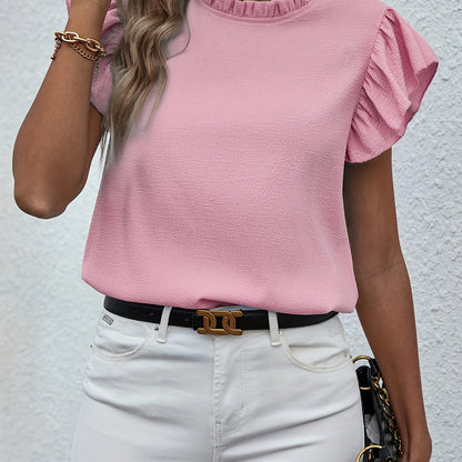 Ruffle Trim Crew Neck Blouse, Casual Solid Color Flutter Sleeve Blouse For Spring & Summer, Women's Clothing Wedding holiday vacation