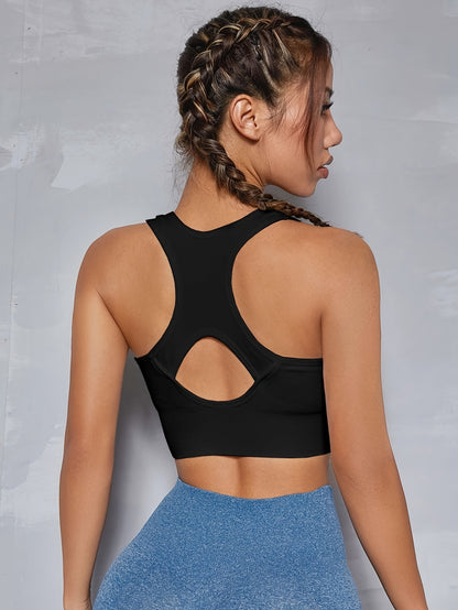 Women's Seamless Sports Bra With Zipper Front, Wide Shoulder Straps, Padded, Wire-Free, Comfort Fit, Racerback, Gym Fitness Yoga Bra Top