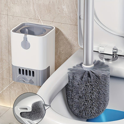 A wall mounted toilet brush set with a long handle - soft silicone bristles, no dead corners, equipped with a paper towel rack, manual non electric, space saving design