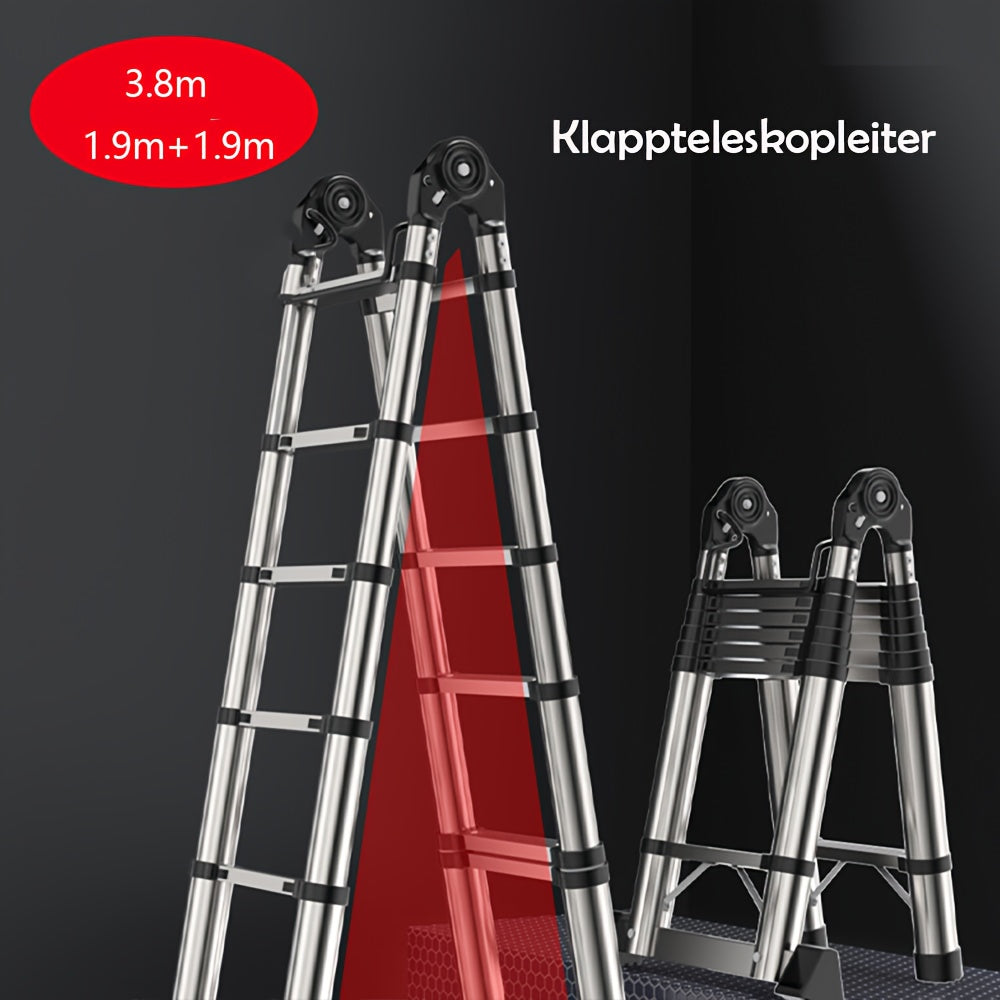 150kg Stainless Steel Ladder, 5m 4.4m 3.8m 3.2m 2.6m Telescopic Folding Ladder, Portable Safety Ladder, Suitable for Renovation And Maintenance, Garden Pruning, Orchard Picking, Warehouse Stocking, Ladder for Home, A Shape Ad