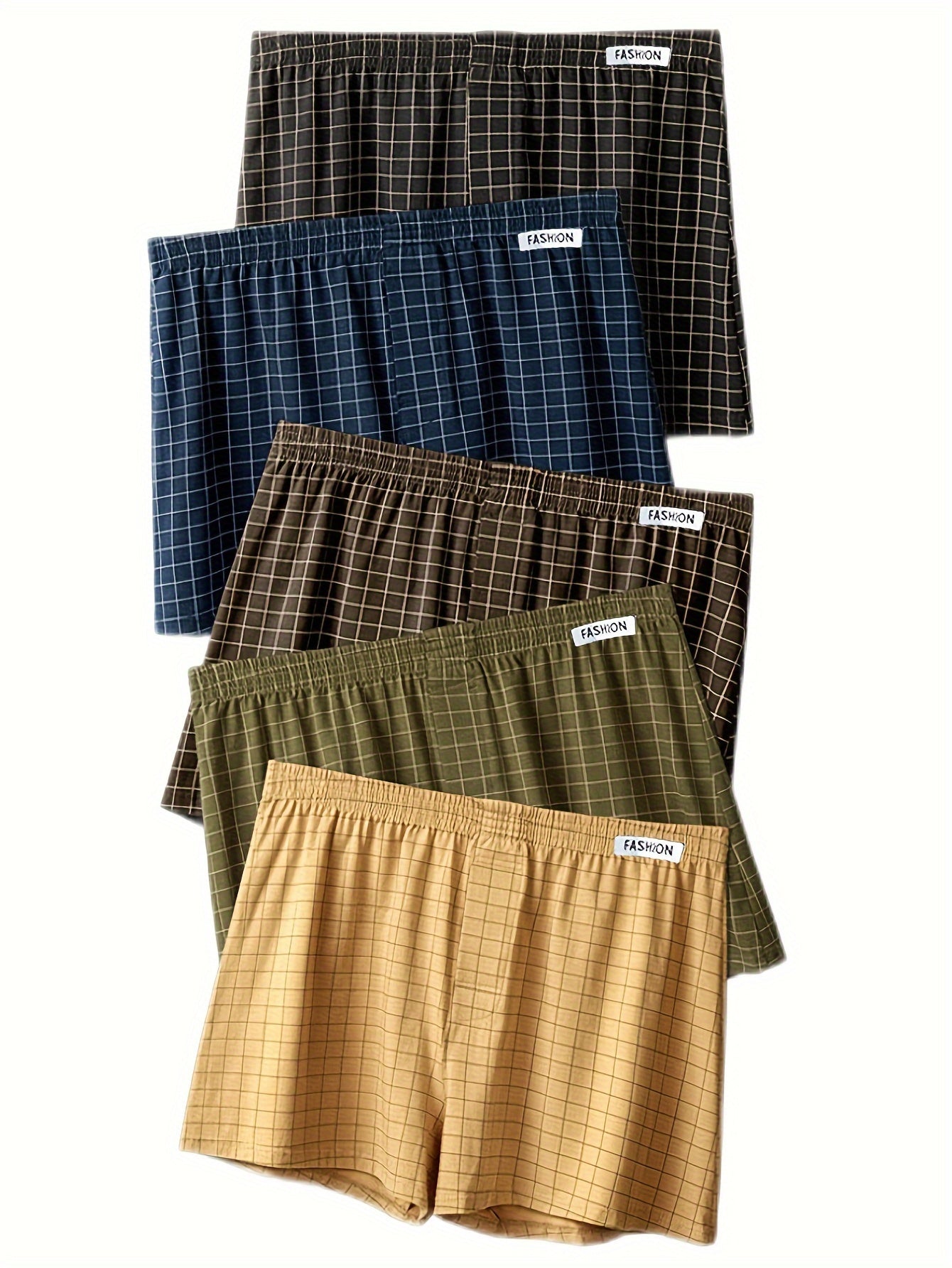 3pcs Men'S Loose Fit Plaid Boxer Briefs - 95% Mid-Rise Athletic Shorts with Elastic Waistband, Breathable & Comfortable for Casual Attire, Black/White/Beige/White/Gray/Beige, Everyday Comfort Shorts | Relaxed Fit Shorts | Med