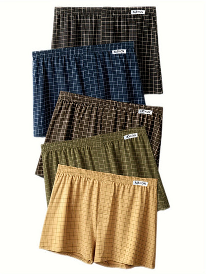 3pcs Men'S Loose Fit Plaid Boxer Briefs - 95% Mid-Rise Athletic Shorts with Elastic Waistband, Breathable & Comfortable for Casual Attire, Black/White/Beige/White/Gray/Beige, Everyday Comfort Shorts | Relaxed Fit Shorts | Med