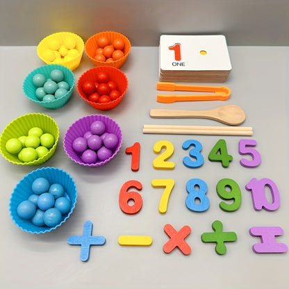 Wooden Number Counting Game for - Educational Preschool Math Learning Toy with Colorful Beads, Matching Cards and Clipping Tweezers for Cognitive Skills Development, Age 3+
