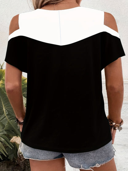 9068# Women's Plus Size Off-Shoulder Round Neck T-Shirt - Color Block Striped Summer Top, Breathable Machine-Washable Casual Elegant Tee, Ladies T Shirts, Easycare Clothing, Nontransparent Fabric, Relaxed Fit, Stylish Blouse,