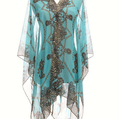 Plus Size Chain Print V Neck Shawl Top, Elegant Long Sleeve Blouse For Spring & Summer, Women's Plus Size Clothing