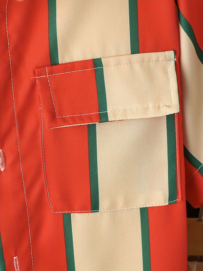 2pcs Boys Teen Casual Striped Short Sleeve Shirt & Pocket Side Shorts Set Clothes For Summer