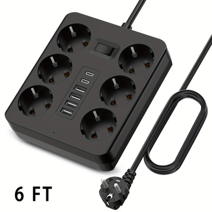 12-in-1 Power Strip with 6 Outlets and 6 USB Ports (2 USB-C) | 182.88cm Flat Plug Wall-Mounted Desktop Charging Station, Suitable for Home Office Dorm Essentials | Multi-Plug Expander