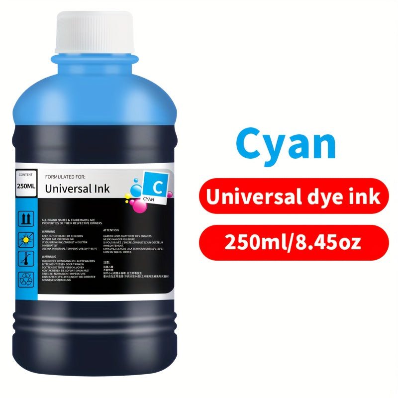 Dye Ink Cartridge Filling for Canon, Epson, HP, and Brother Printers - 250ml/8.45oz Universal Ink Cartridge with 4 Color Options (Black, Blue, Pink, Yellow) for HP 301XL, 302XL, 305XL, 304XL, PG-545, CL-546, 245, 246, 745 - H