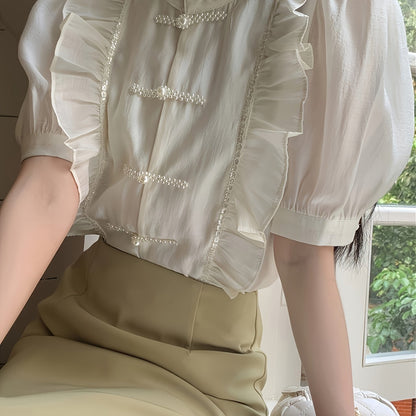 Beaded Button Front Ruffle Trim Blouse, Chic & Elegant Frill Neck Puff Sleeve Blouse For Spring & Summer, Women's Clothing