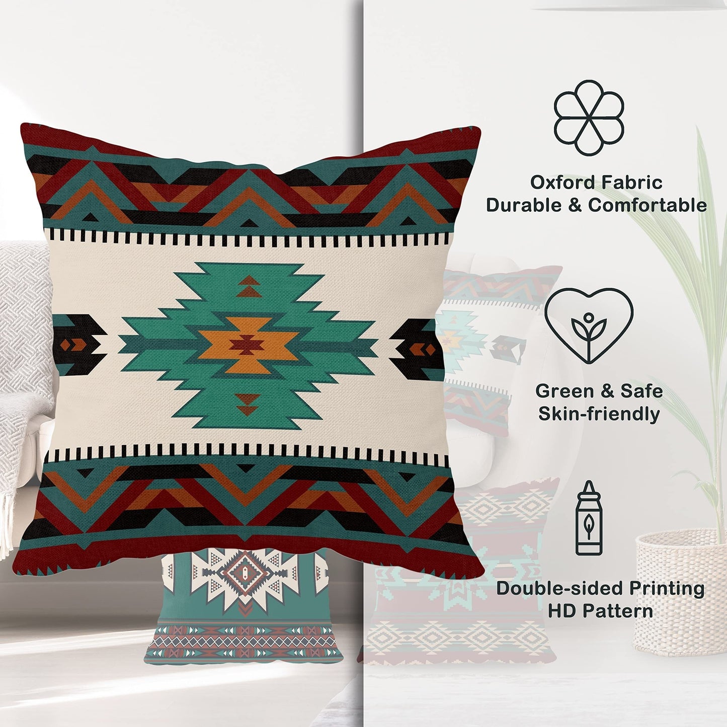 Set Of 4 Western Throw Pillow Covers Aztec Southwestern Native American Tribal Geometric Pillow Cases Turquoise Rustic Decorative Couch Cushion Covers For Outdoor Bedroom Home Decor, 45.72x45.72 Cm (Cushion Is Not Included)