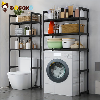 3-Tier Bathroom Storage Shelves with Toilet Rack & Towel Bar – Space-Saving Corner Organizer for Towels, Toiletries, and Laundry Accessories, Black Plastic Freestanding Design for Modern Bathrooms, DOCOXO, Shelves