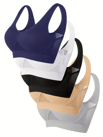 5pcs, Solid Color Sports Bras, Wire-Free, Padded, Breathable Mesh, High Elasticity for Yoga and Running