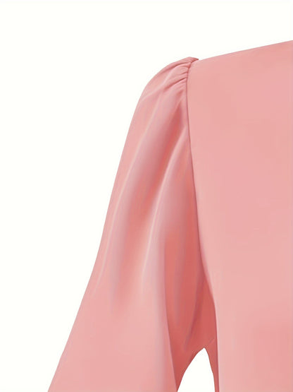 Solid V Neck Simple Blouse, Elegant Long Sleeve Ruched Blouse, Women's Clothing