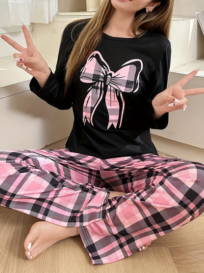 Autumn and Winter Women's Cartoon Plaid Bow Print Long Sleeve Top and Pants Casual Pajama Set, Loungewear Set, Bedtime Outfit, Playful Pajamas, Cute Sleepwear, Comfortable Fit, Soft Fabric, Matching Pajamas, Twopiece Set, Coz