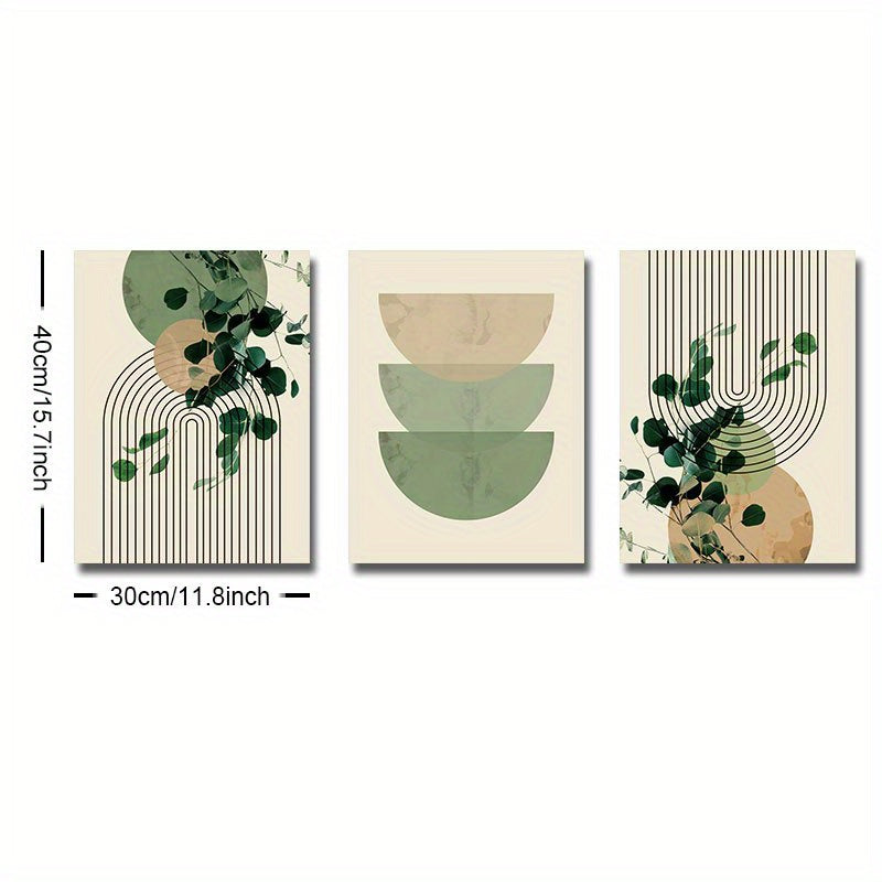 3pcs Boho Green Plant Eucalyptus Leaf Geometry Graphic Art Poster - Retro Canvas Print For Modern Wall Decor In Living Room And Home