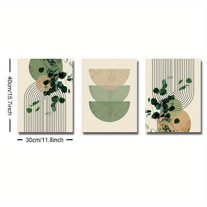 3pcs Boho Green Plant Eucalyptus Leaf Geometry Graphic Art Poster - Retro Canvas Print For Modern Wall Decor In Living Room And Home
