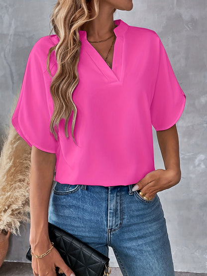 Solid Color Notch Neck Blouse, Casual Short Split Sleeve Blouse For Spring & Summer, Women's Clothing