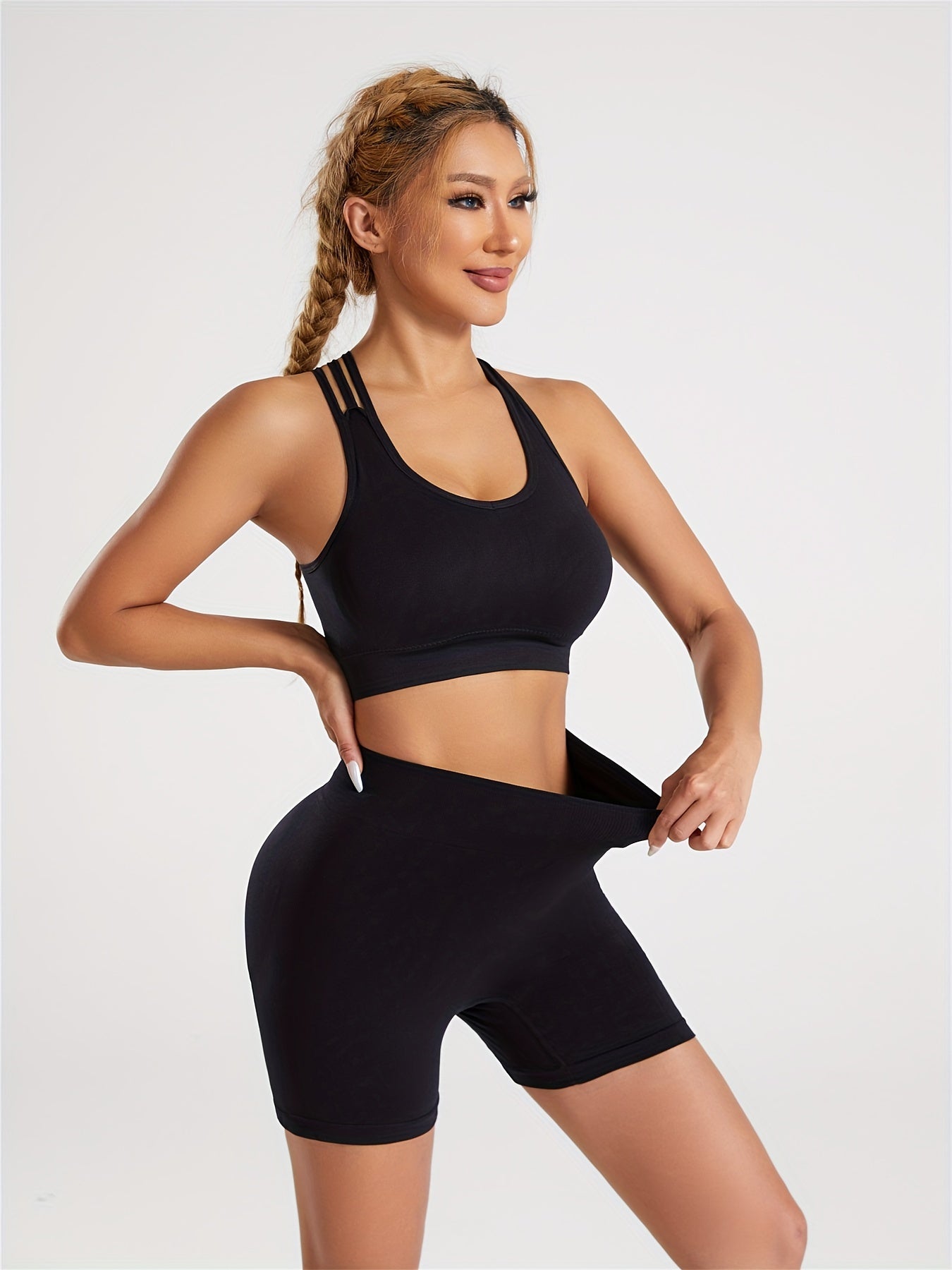 2pcs Yoga Workout Set, Criss Cross Sports Bra & High Waist Fitness Running Sports Shorts, Women's Activewear