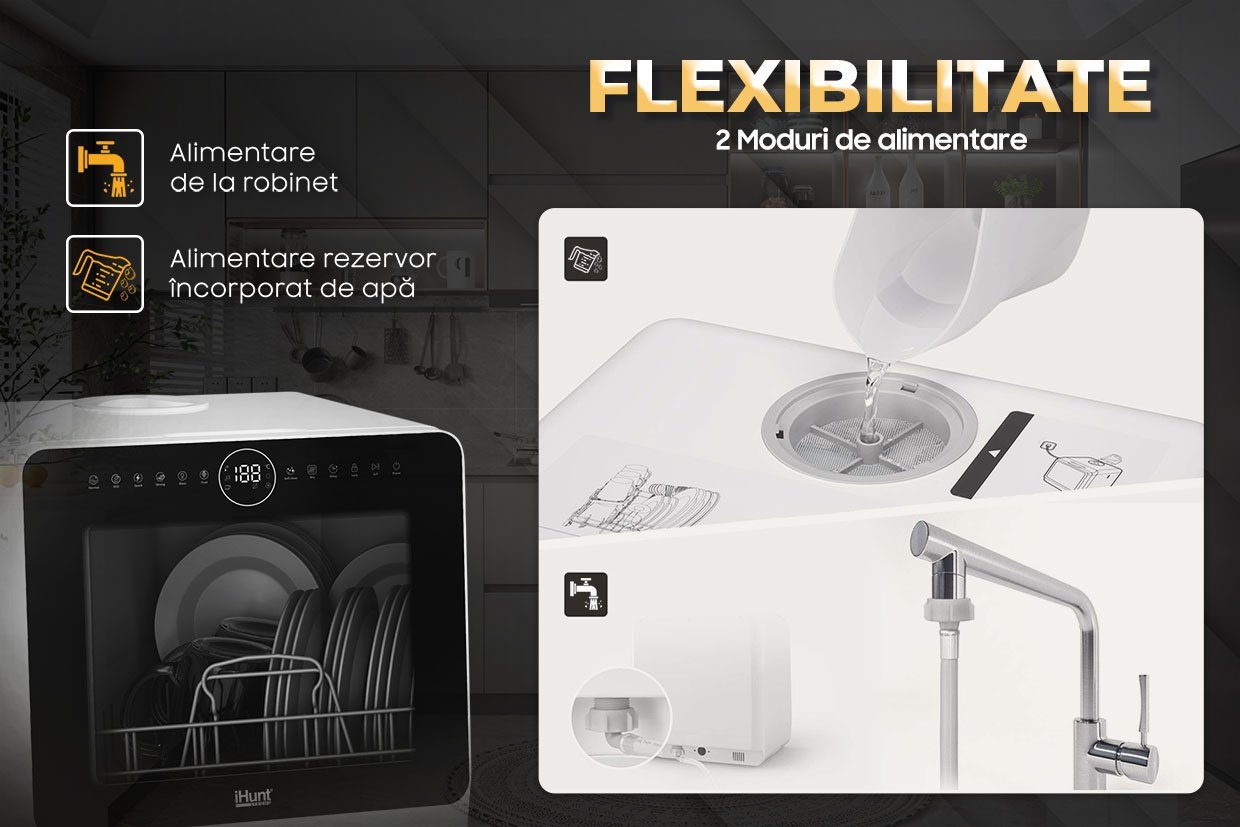 Máquina de lavar loiça compacta Ihunt Bro Xpert, Turbo Clean, 950W, com bomba de drenagem, controlo digital, classe B, 6 programas, aquecimento/secagem, torneira de abastecimento de água/manual, depósito de água de 5L, 45cm, branco