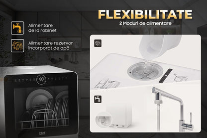 Máquina de lavar loiça compacta Ihunt Bro Xpert, Turbo Clean, 950W, com bomba de drenagem, controlo digital, classe B, 6 programas, aquecimento/secagem, torneira de abastecimento de água/manual, depósito de água de 5L, 45cm, branco