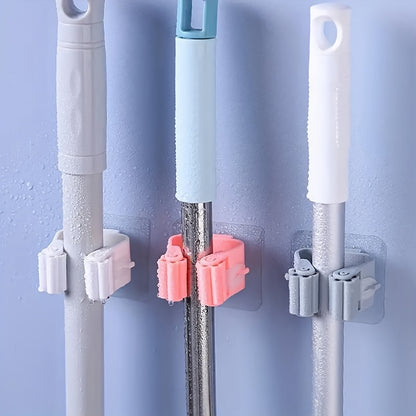 3pcs Mop Broom Holder Hook, Wall-mounted Broom Clip, Self-adhesive Mop Broom Rack, Detachable Waterproof And Non-slip Practical Hook, Suitable Storage And Organizer For Home, Bathroom, Kitchen, Garden And Garage