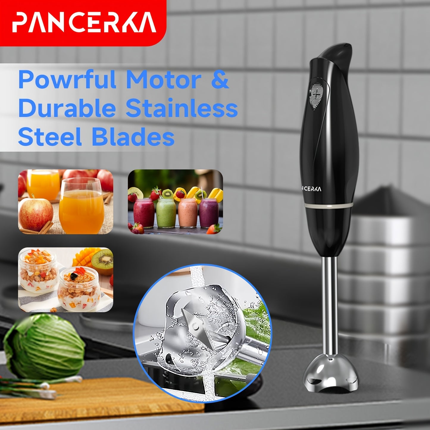 PANCERKA 1 Set PANCERKA 100 Watt Immersion Multi-Purpose Hand Blender with a Heavy-Duty Copper Motor, Brushed 304 Stainless Steel, And Attachments for Whisking And Frothing Milk, Featuring Stainless Steel Blades Suitable for