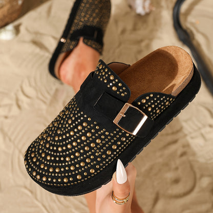 2025 Summer New Rhinestone Vacation Style Casual Slip-On Thick Sole Beach Mules