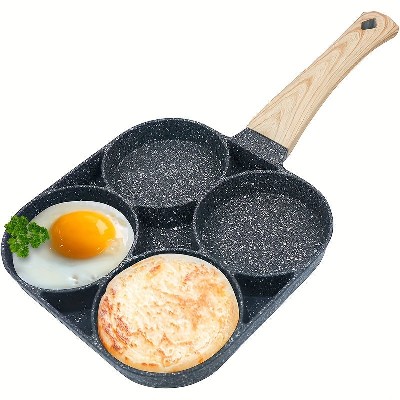 4-Hole Non-Stick Frying Pan with Wooden Handle - Maifanstone Coating, Induction Compatible, Durable Cookware for Eggs, Pancakes, and More, Modern Kitchen Cookware | Ideal Gift For Holidays, Christmas, Halloween, Frying Pan Fo