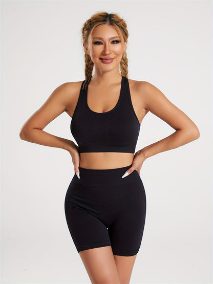 2pcs Yoga Workout Set, Criss Cross Sports Bra & High Waist Fitness Running Sports Shorts, Women's Activewear