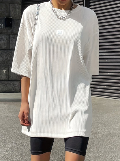 Oversized Drop Shoulder Ribbed T-Shirt, Casual Crew Neck Short Sleeve T-Shirt For Spring & Summer, Women's Clothing