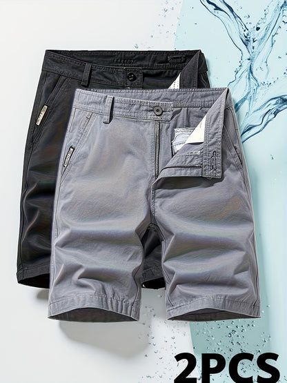 Two-Piece Set, Men's Solid Color Outdoor Casual Comfortable Breathable Multi-Pocket Cargo Shorts