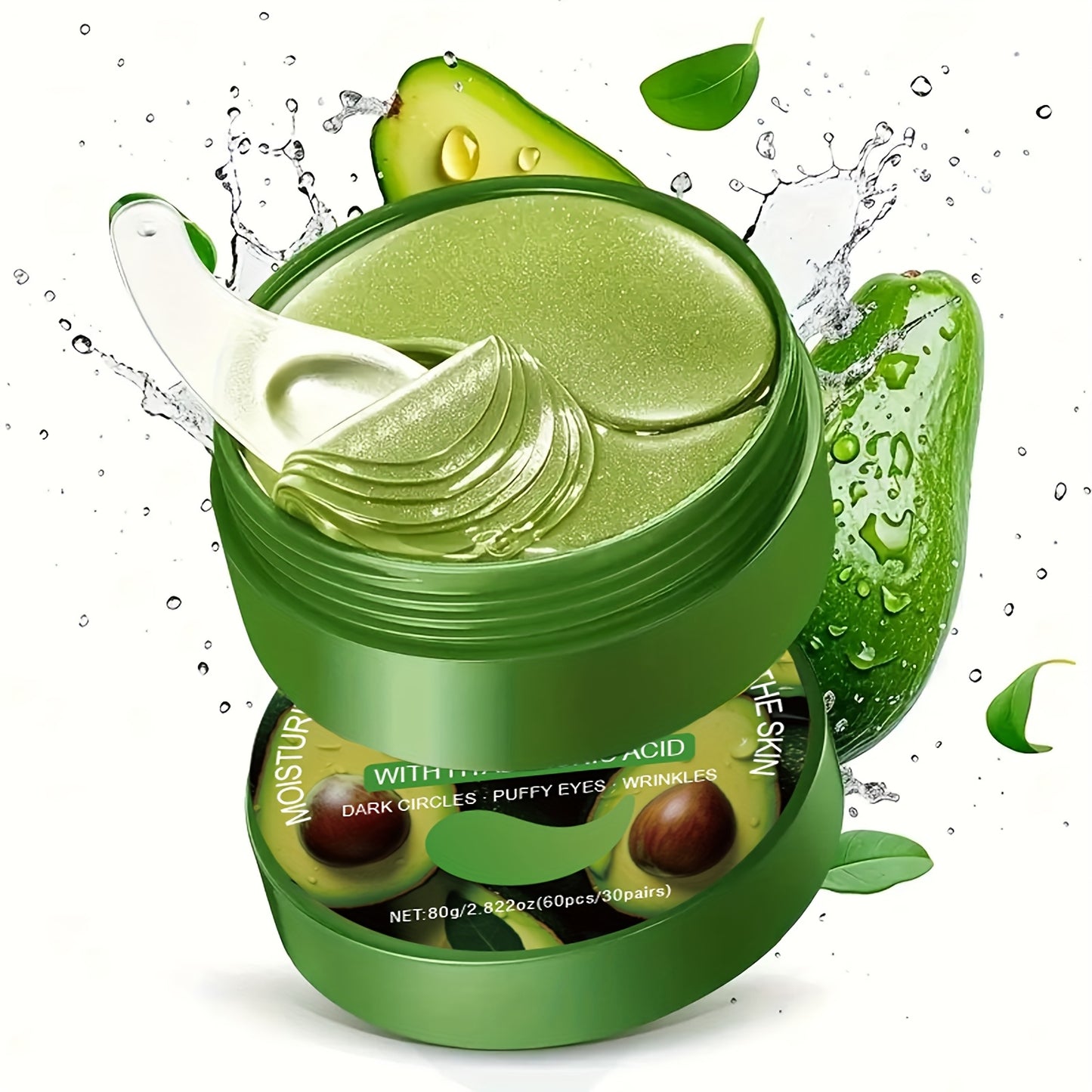 60pcs Avocado & Hyaluronic Acid Eye Masks - Intense Hydration & Brightening, Puffiness Reduction, Dark Circles & Wrinkles, Hypoallergenic for All Light Beige Types, Unisex Skincare, Avocado Eye Mask, Sleek Packaging, Natural