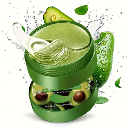 60pcs Avocado & Hyaluronic Acid Eye Masks - Intense Hydration & Brightening, Puffiness Reduction, Dark Circles & Wrinkles, Hypoallergenic for All Light Beige Types, Unisex Skincare, Avocado Eye Mask, Sleek Packaging, Natural