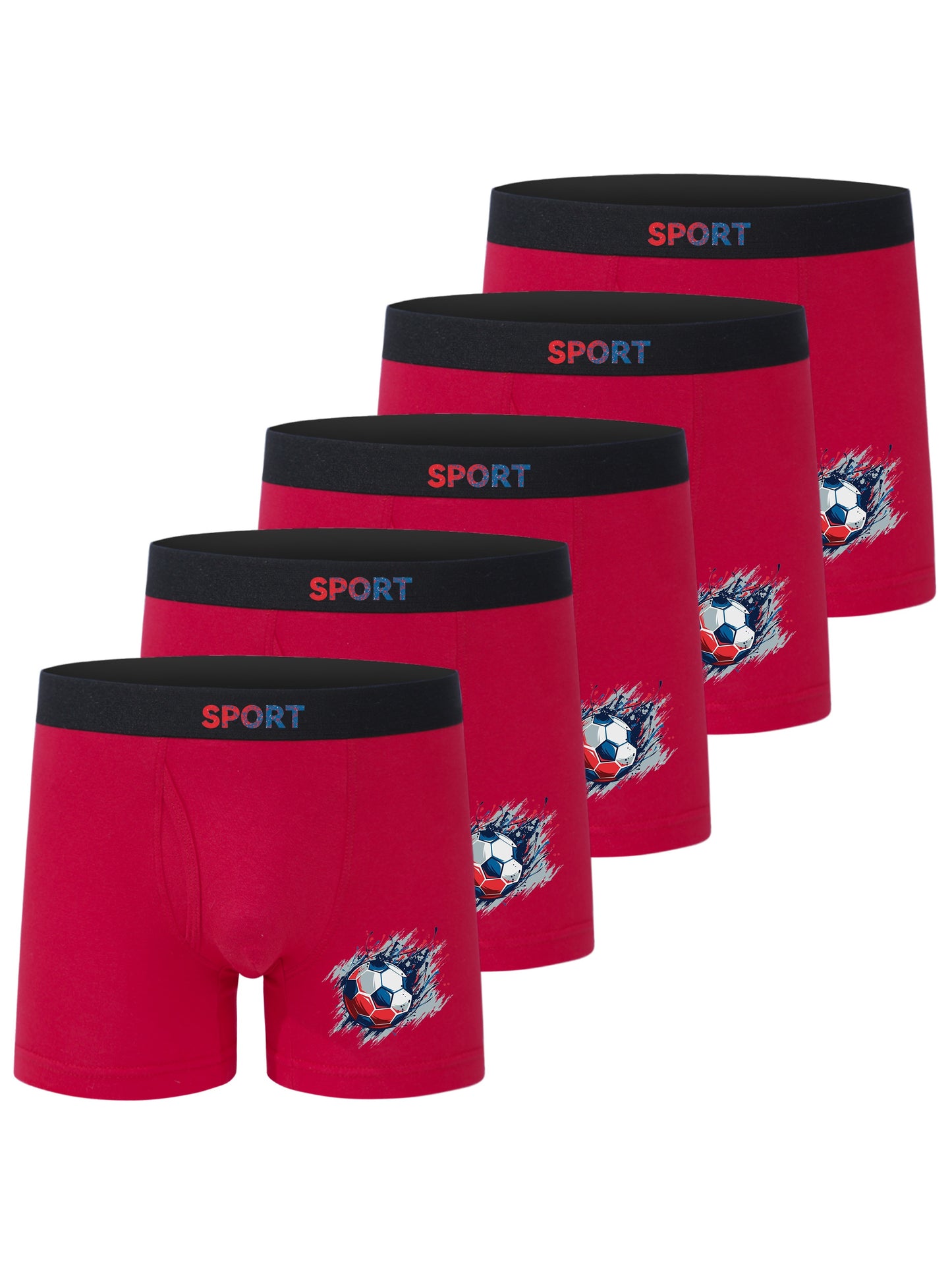 5pcs Football Print Boxer Briefs for Teen Boys - Breathable, Stretchy, Comfort Fit with Elastic Waistband & Half-Button Closure, Black with White & Red Soccer Design, Sports Underwear, Youth Athletic Wear, Sporty Boxers, Brea