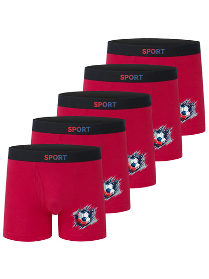 5pcs Football Print Boxer Briefs for Teen Boys - Breathable, Stretchy, Comfort Fit with Elastic Waistband & Half-Button Closure, Black with White & Red Soccer Design, Sports Underwear, Youth Athletic Wear, Sporty Boxers, Brea