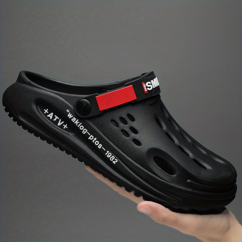 Tamancos modernos para homem com sola grossa em EVA e estampado de alfabeto - Modelo slip-on, respiráveis, ideais para jardinagem, com tira amarela segura e palmilha estampada com a inscrição "SMN WALKING PROS" para maior conforto ao ar livre.