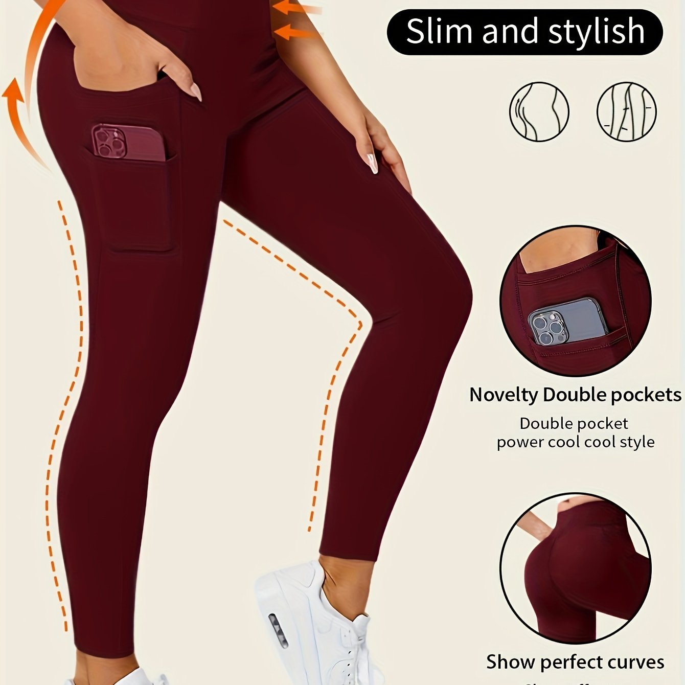 Women'S High-Waisted Shaping Leggings with Double Pockets - Butt-Lifting Design, Maroon Solid Color, Comfortable Stretch Fabric for, & Casual Wear, Leggings, Apparel, Sleek Look, Durable